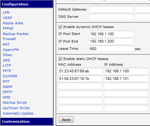 5.5.3 DHCP Server: Feste Zuweisung der IP-Adressen Wenn bestimmte Endgeräte immer die gleiche IP-Adresse vom DHCP-Server des MX760 erhalten sollen, können Sie diese anhand der MAC-Adresse fest zuordnen.