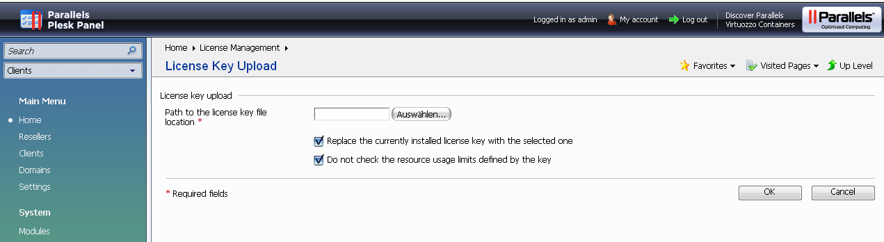 Nun muss der Key hochgeladen werden, dazu wählen sie den Punkt Upload Key bzw. Key hochladen.