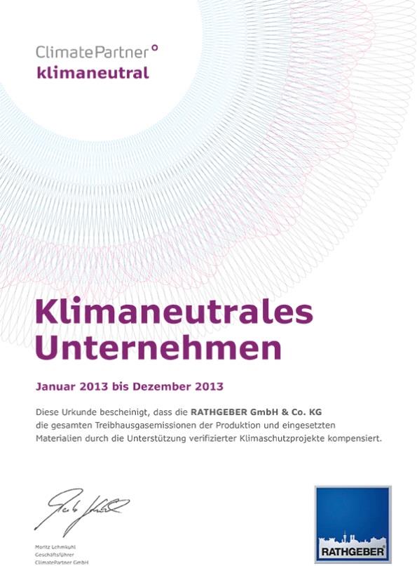 KLIMA- UND UMWELTSCHUTZ. RATHGEBER - KLIMANEUTRALES UNTERNEHMEN. RATHGEBER ist das erste klimaneutrale Unternehmen der Branche: www.rathgeber.