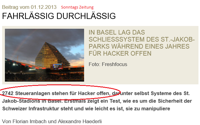 Artikel in der Presse inside-it: Freitag, 31.01.2014 Schweizer Kleinkraftwerke im Visier von Hackern Montag, 02.12.