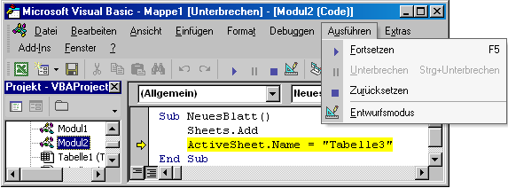 2 Die Entwicklungsumgebung von Visual Basic Abbildung 2.4: Der Visual Basic Editor mit fehlerhafter Anweisung Hinweis Fehlerhafte Anweisungen werden vom Visual Basic Editor gelb unterlegt.