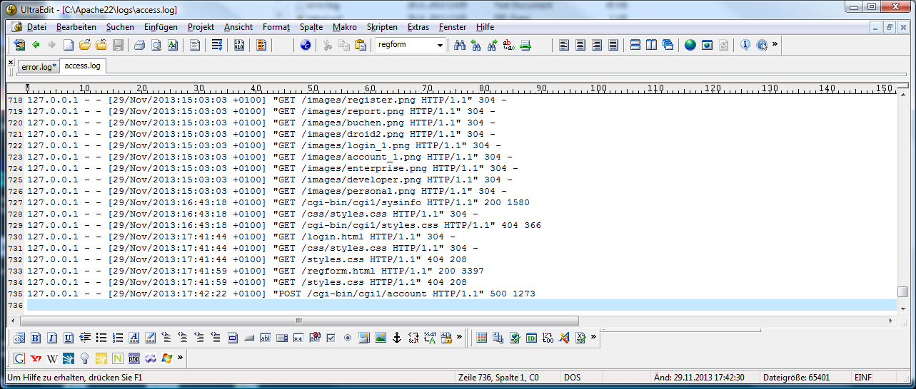 5 Log Files Der Apache http Daemon speichert Fehler in der Datei error.log im Verzeichnis \logs. Zugriffe auf die Web Seite werden in der Datei access.log gespeichert: 5.1 Access.