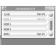 24 Radio Schaltfläche Liste wählen, um die Liste anzuzeigen. Der derzeit gespielte FM-Sender wird in der Liste rot hervorgehoben.