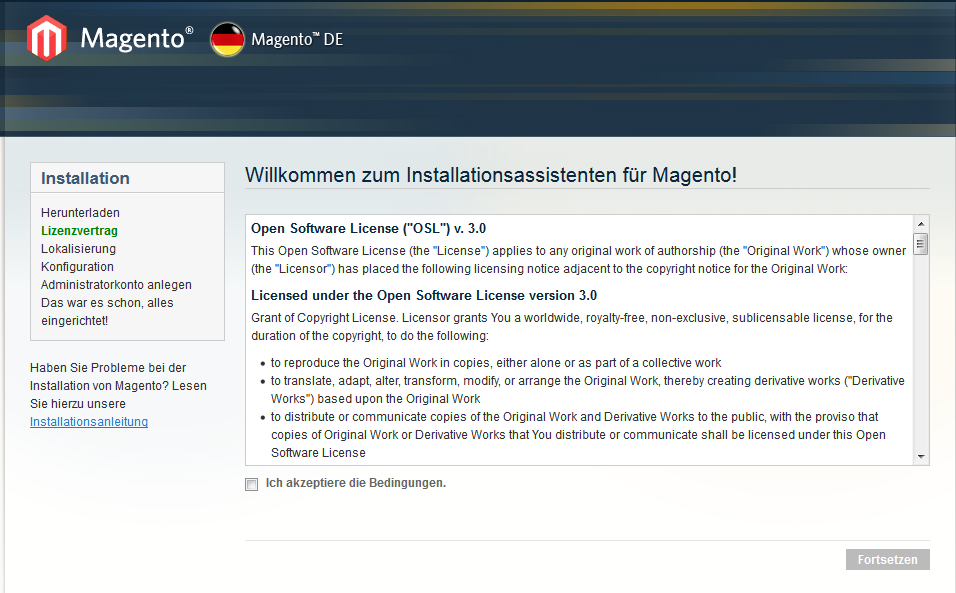 Installation der lokalisierten Magento-Edition Schritt 1 - Einstieg in den Installationsassistenten Bitte rufen Sie mit Ihrem Browser die URL auf, unter der der