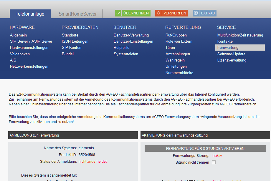 AGFEO - Der All-IP Anschluss Fehlersuche - Fernwartung Für die Fernwartung meldet sich die Telefonanlage an einem