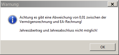 1.4 Jahresabschluss: Überprüfung auf Abweichung E/A Rechnung/Vermögen. Sofern es eine Abweichung gibt, muss diese zuerst behoben werden, bevor das Wirtschaftsjahr abgeschlossen werden kann. 1.5 div.