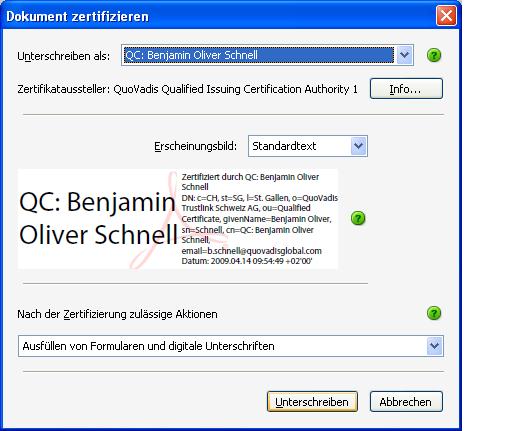 Der Auswahldialog für die digitale ID respektive das Zertifikat sieht in