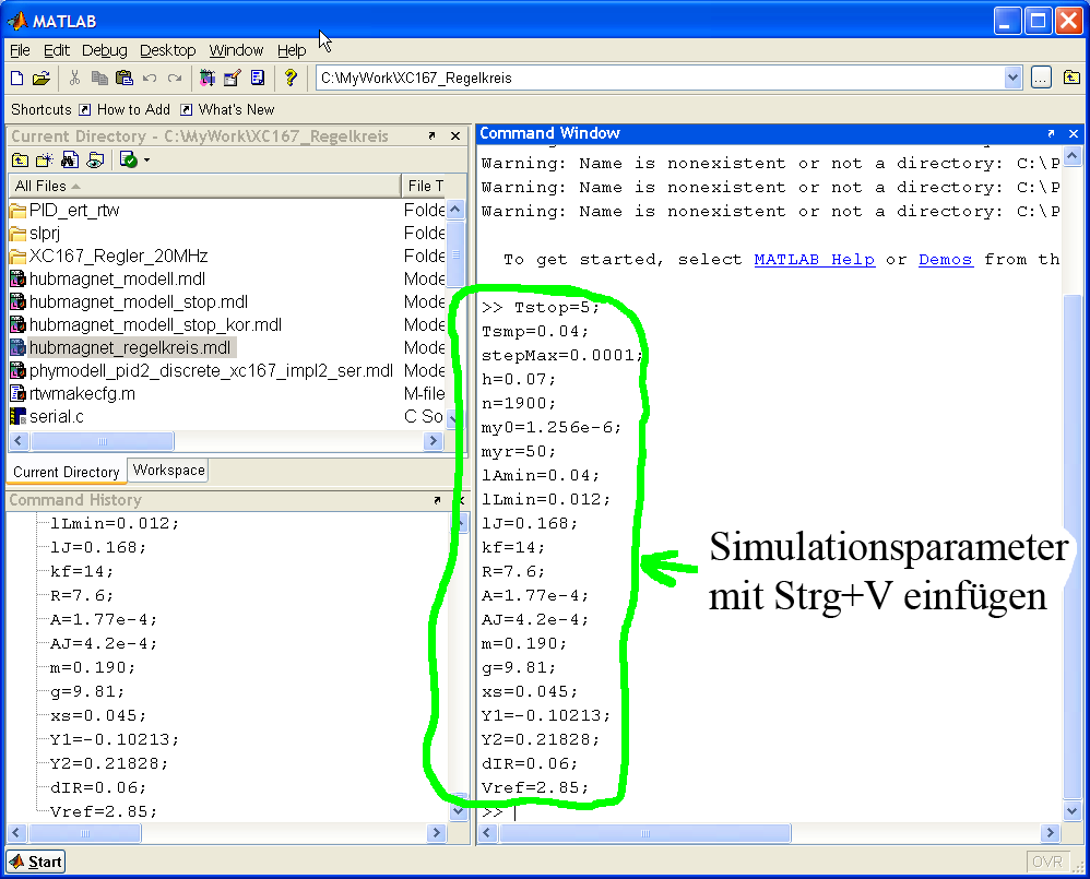 3.2 Um das Modell simulieren und Code aus ihm generieren zu können, müssen die Modellparameter (rechts im Modell) markiert und in den Matlab-Workspace kopiert werden (Abb. 5 1,2).