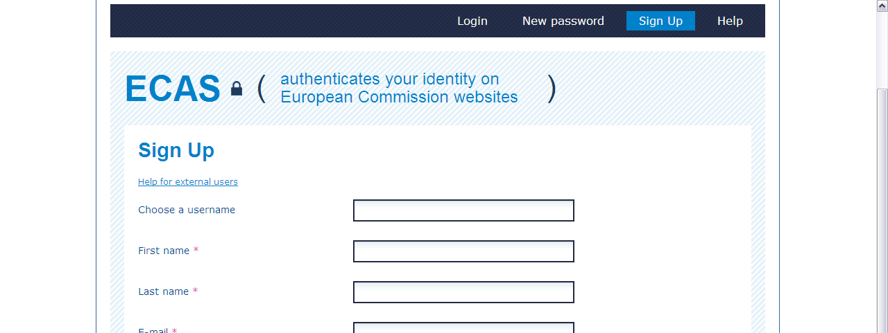 NEXT The ECAS User Registration Form opens Fill in the E-mail field using your individual professional email address.