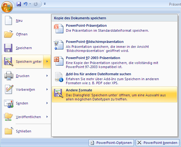 a) Abbildung PowerPoint 4: PowerPoint 2007: Speichern 2007: unter Speichern -> Andere unter Formate -> Andere -> Formate PNG-Format -> PNG-Format