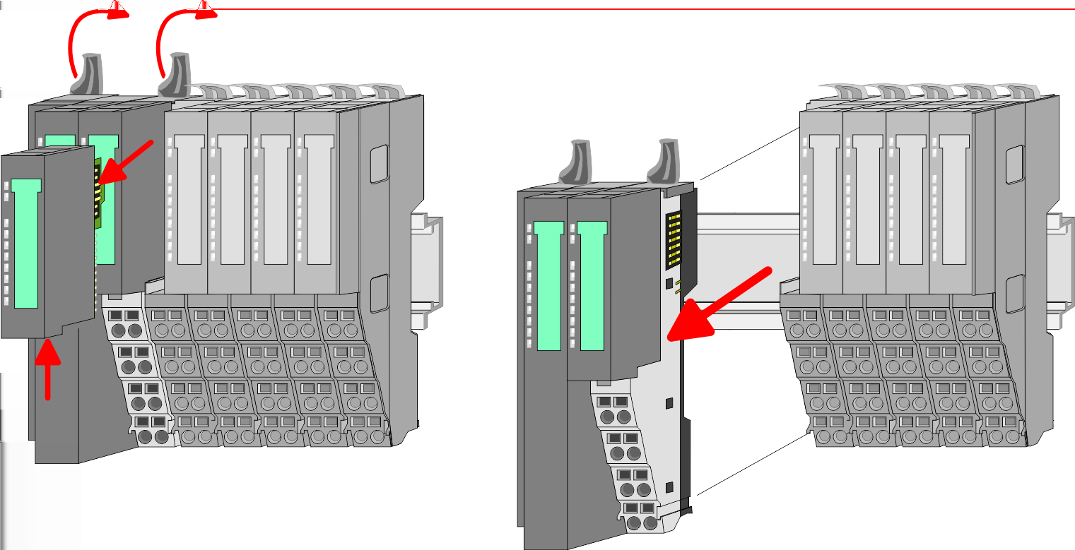 Grundlagen und Montage VIPA System SLIO Demontage und Modultausch 5. Zur Montage klappen Sie den Verriegelungshebel des zu montierenden Moduls nach oben. 6.