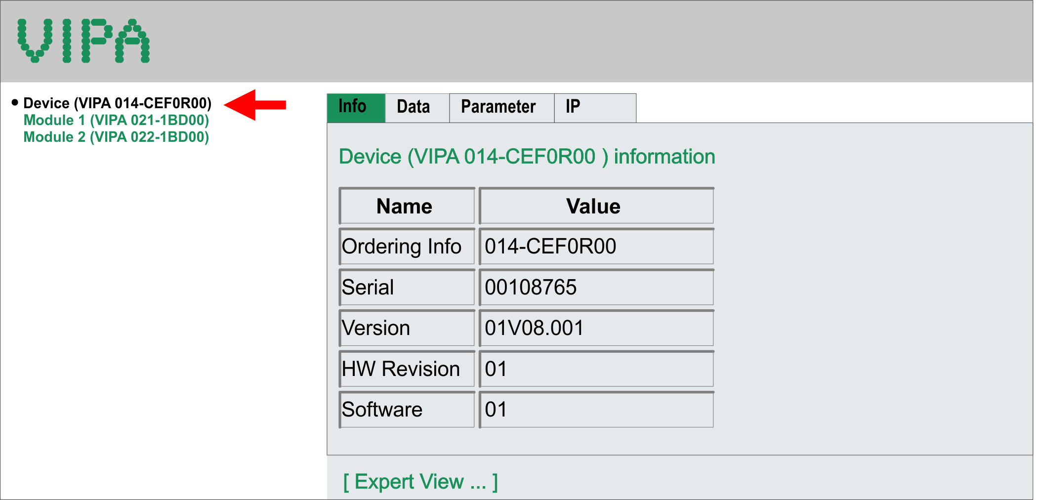 Einsatz CPU 014 VIPA System SLIO Zugriff auf den Webserver Webseite bei angewählter CPU Info - Overview Hier werden Bestell-Nr., Serien-Nr.