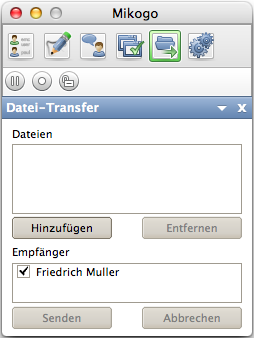 Datei-Transfer Während einer Sitzung können Sie Dateien an die Teilnehmer übertragen. Hierzu klicken Sie auf das Symbol (schwarzer Pfeil). Daraufhin öffnet sich das Datei-Transferfenster unterhalb.
