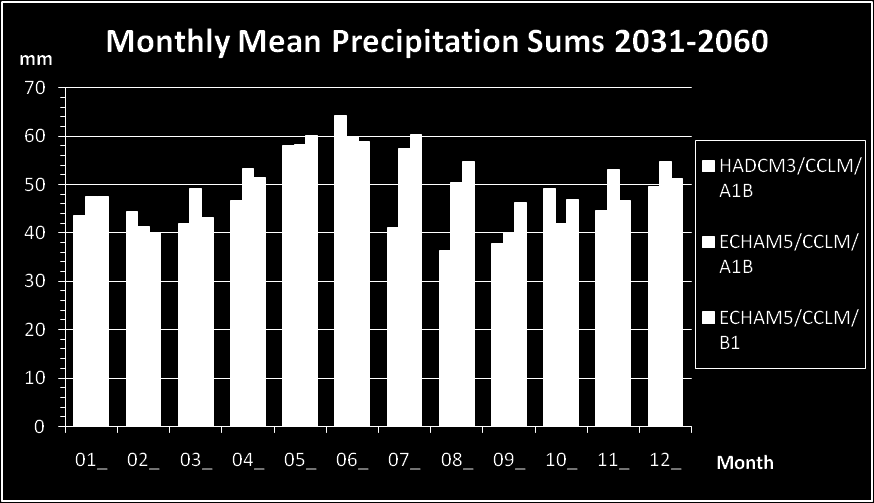 Monatliche Niederschlagssummen 2001/2030 gegenüber 2031/2060 CLM@HadCM3/A1B, CLM@ECHAM5/A1B, CLM@ECHAM5/B1 Die mittleren monatlichen Ergebnisse lassen keine großen Änderungen erkennen.