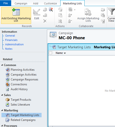 Select Target Marketing Lists in Entity Navigation Pane and click Add