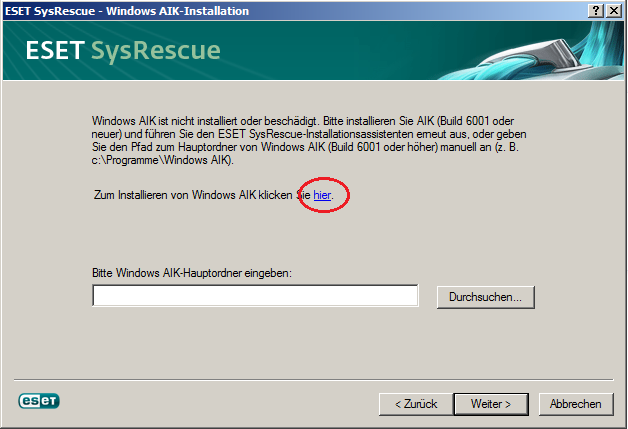 Nun beginnt der eigentliche Vorgang. Damit Sie später in einer gewohnten Windows-Umgebung ESET SysRescue nutzen können, muss zuerst das sogenannte Windows AIK auf Ihrem Rechner erstellt werden.