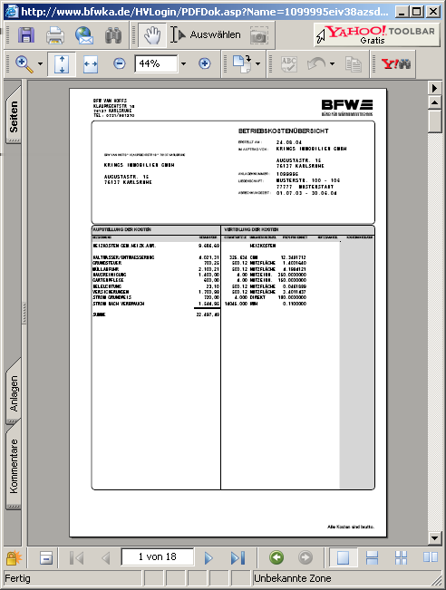 Das folgende Beispiel zeigt die erste Seite der Betriebskostenabrechnung 2004 für die Anlage 1099995. Das Dokument wurde mit Adobe Reader 7.