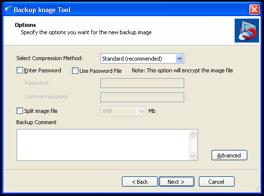 In diesem Abschnitt werden folgende Optionen beschrieben: Dateikomprimierung Backup-Datei-Verschlüsselung Aufteilen von Backup-Image-Dateien Backup-Anmerkungen Erweiterte Optionen Dateikomprimierung
