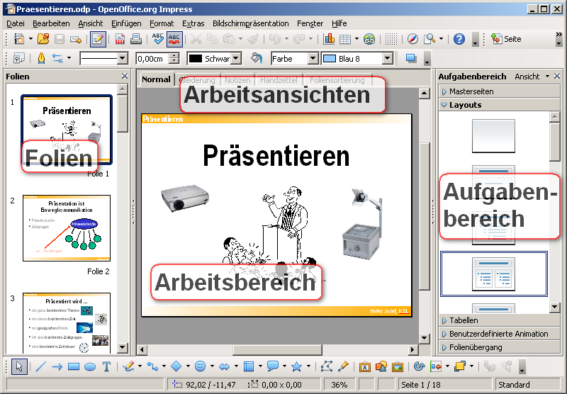 Nachschlagewerk: Präsentationen mit OpenOffice Impress [Josef Hofer, KS Linz] Seite 1/5 1. Grundlagen Präsentationen mit OpenOffice Impress 1 erstellen 1.
