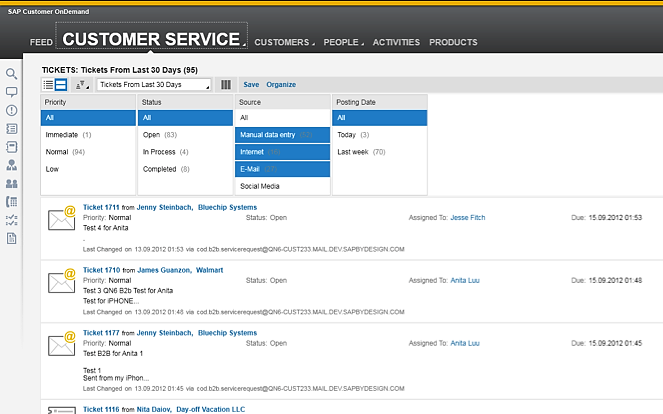 SAP Cloud for Service Customer Service Cockpit Nachrichten über sämtliche Kanäle (E-Mail, Chat, Social, Web) in Echtzeit erhalten Automatische Priorisierung