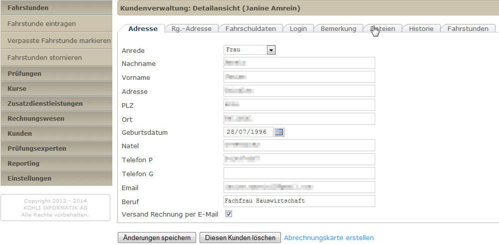 Abb.: Kundenverwaltung, Übersicht über alle Kunden