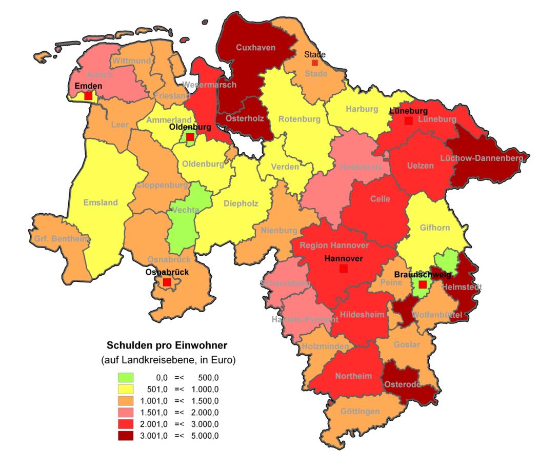 Die Pro-Kopf-Verschuldung innerhalb der statistischen Regionen Niedersachsens schwankt zwischen 1.080 Euro in der Region Weser-Ems und 2.118 Euro in der Region Hannover.