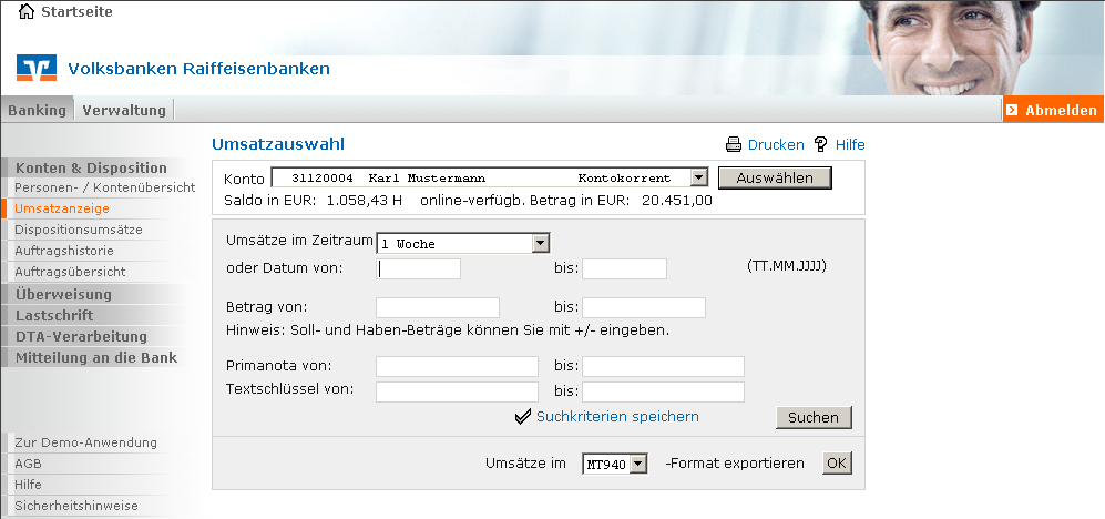 5.1.2 Umsatzanzeige (inkl. Exportfunktion) Die Umsatzanzeige zeigt Ihnen Ihre Kontobewegungen. Wählen Sie hierzu im Dropdown- Menü Konto das gewünschte Konto aus.