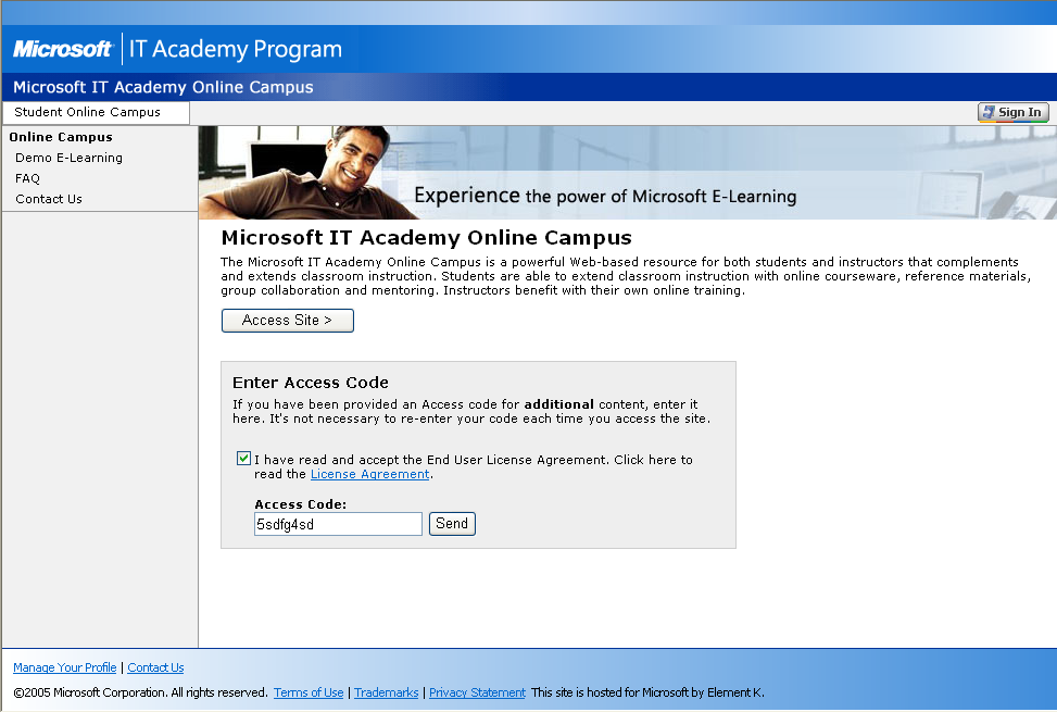 Eingabe des Zugriffscodes der Site Nach der Anmeldung kehren Sie zur Microsoft IT Academy-E-Learning-Homepage zurück.