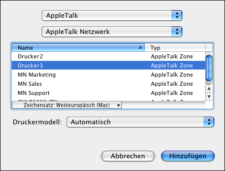 EINRICHTEN DER DRUCKFUNKTIONALITÄT UNTER MAC OS X 13 Wenn der Drucker weder der Standardzone noch einer der aufgelisteten, zuletzt verwendeten Zonen angehört, können Sie AppleTalk