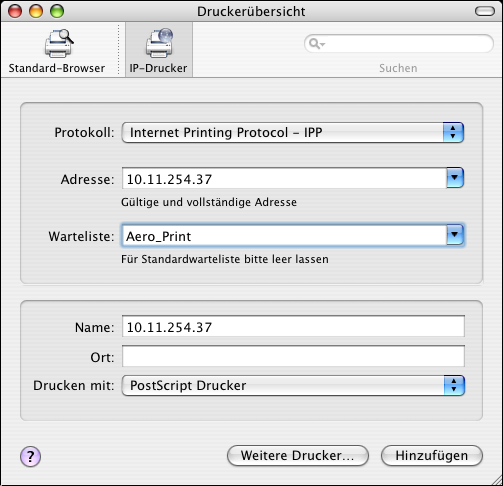 EINRICHTEN DER DRUCKFUNKTIONALITÄT UNTER MAC OS X 14 IP-Druckfunktionalität: Wählen Sie auf der Seite IP-Drucker das Protokoll Internet Printing Protocol - IPP ; geben Sie danach in das Feld Adresse