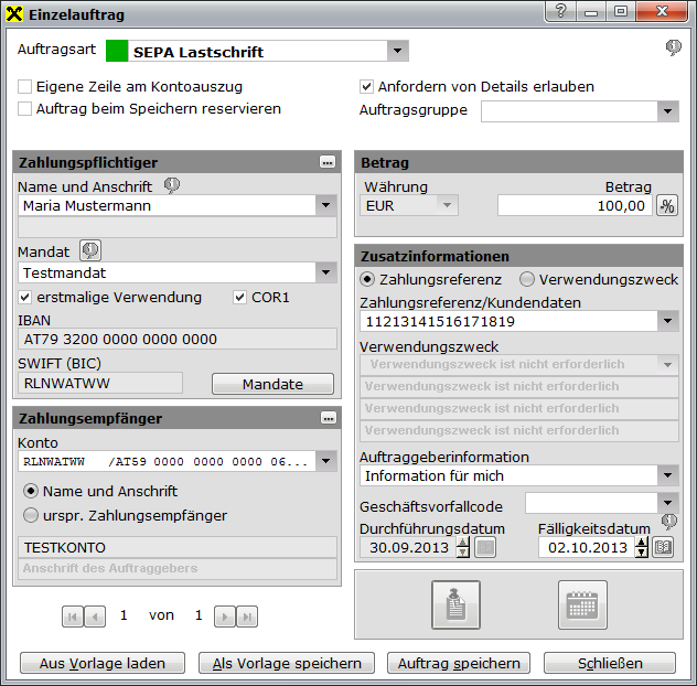 XML-Datenträger importiert werden. HINWEIS Bei SEPA Lastschriften innerhalb Österreichs ist die Auswahl COR1 automatisch gesetzt (siehe Grafik 2, 11.3.3).
