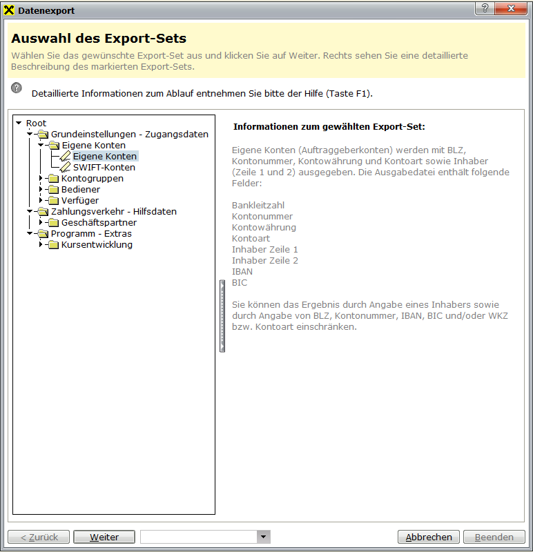 18.8 Export-Assistent Mit Hilfe des Export-Assistenten haben Sie die Möglichkeit, Inhalte der ELBA-Datenbank (d.h. Stammdaten) in Dateiform auszugeben.
