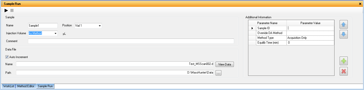 Schritt 1. Data Acquisition-Software starten Method Editor (Methodeneditor) -Fenster In diesem Fenster geben Sie Erfassungsparameter für die Methode ein.