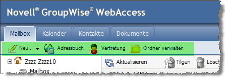 Mailbox und Menüleiste 3. Mailbox Nach erfolgreicher Anmeldung befinden Sie sich im Hauptfenster von GroupWise WebAccess. Abb. 3.1 - WebAccess Hauptfenster Im linken Bereich finden Sie folgende Standard-Ordner sowie Ihre selbst erstellte Ordner: 3.