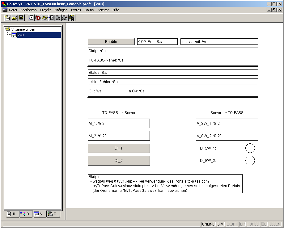 WAGO I/O Controller als TO-PASS Client 23 In der Visualisierung lassen sich jeweils zwei analoge und digitale Werte vom Client zum Web-Portal senden.