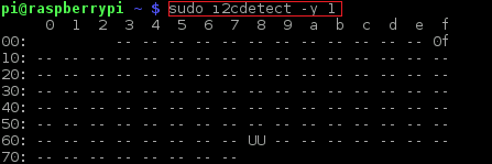 6. Wenn Sie sich nun wieder einloggen, können Sie mit folgendem Befehl alle angeschlossen Geräte anzeigen lassen: sudo i2cdetect y 1 Zwei I²C-Adressen sind im Einsatz 0x0F für die S.