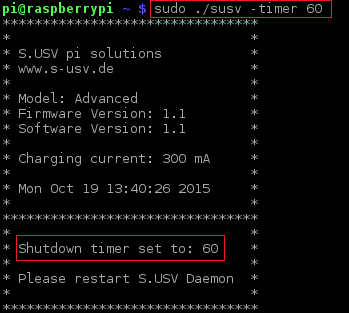 4.1 S.USV Daemon Der S.USV Daemon ist für die Überwachung und Steuerung der S.USV in Verbindung mit dem Raspberry Pi verantwortlich. Der S.USV Daemon erstellt ein Protokoll in der Datei: /var/log/susvd.