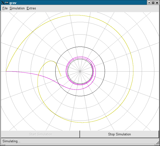 7 Simulation am Computer Nach dem Laden werden im weißen Bereich des Fensters graue Koordinatenlinien gezeichnet: Die konzentrischen Kreise haben eine Radiusdifferenz von 50 Pixeln; die radialen