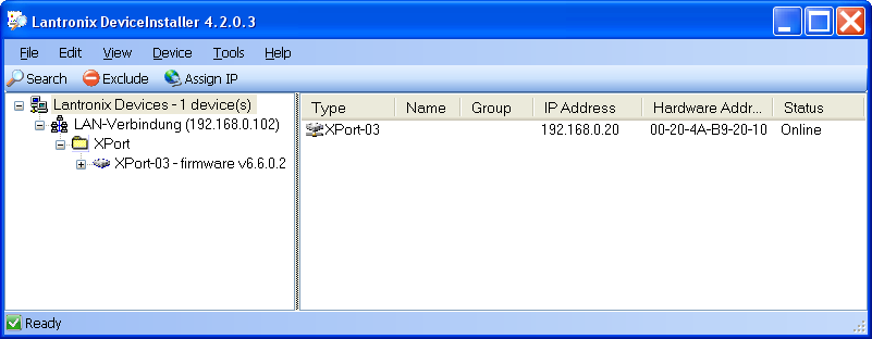 Ermitteln der dynamischen IP-Adresse Wurde die IP-Adresse des Web-Servers per DHCP zugeteilt, kann mit dem Lantronix DeviceInstaller, die IP-Adresse