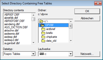 Klicken Sie nun auf Browse um das Verzeichnis auszuwählen, in dem die exportierten DBF- Tabellen liegen. Wählen Sie das Verzeichnis aus und Klicken auf OK.