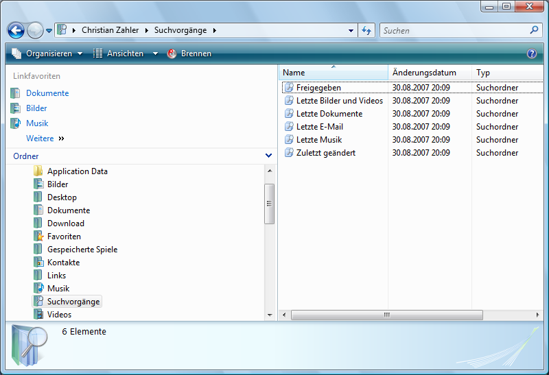 5.1.5 Suchordner Windows Vista bietet die neue Funktion "Suchordner", welche die Suche & Organisation Ihrer Dateien unabhängig von deren Speicherort erleichtert.