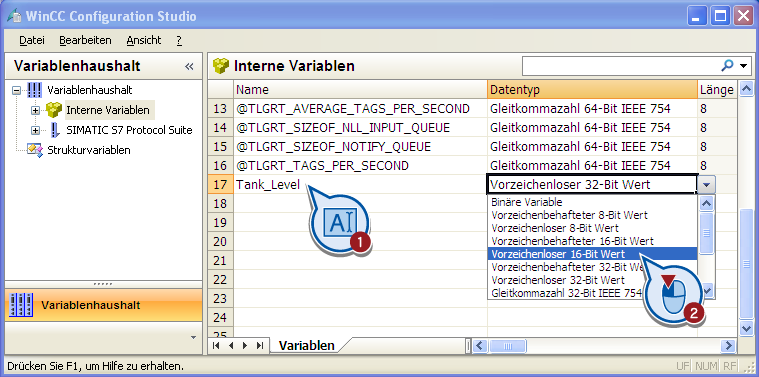 Kommunikation projektieren 5.9 Interne Variable anlegen 5.9 Interne Variable anlegen Einleitung Die folgenden Schritte zeigen, wie Sie eine interne Variable anlegen und ihre Eigenschaften festlegen.