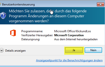 Zusätzliche Informationen zum Ablauf der Installation (Windows 7 + Internet Explorer): Nach dem Klick auf heruntergeladen.