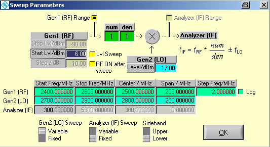 Messungen an einem Mischer Bild 95: Eingabe der Fernsteuerparameter der Devices FreRes kann frequenzumsetzende Baugruppen testen. Dafür sind zwei Generatoren erforderlich.
