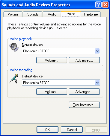 PC-Audioeinstellungen für Windows XP (So finden Sie dieses Dialogfeld: Start > Systemsteuerung > Sounds und Audiogeräte) Standardeinstellung: Die Wiedergabe aller PC-Sounds und Audiosignale erfolgt