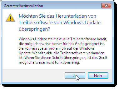 Bei Windows Vista und Windows 7 kann zusätzlich durch Klick auf die Statusmeldung der Verlauf der Einrichtung verfolgt werden: Bei Windows 7 empfiehlt sich, das Herunterladen der Treibersoftware von