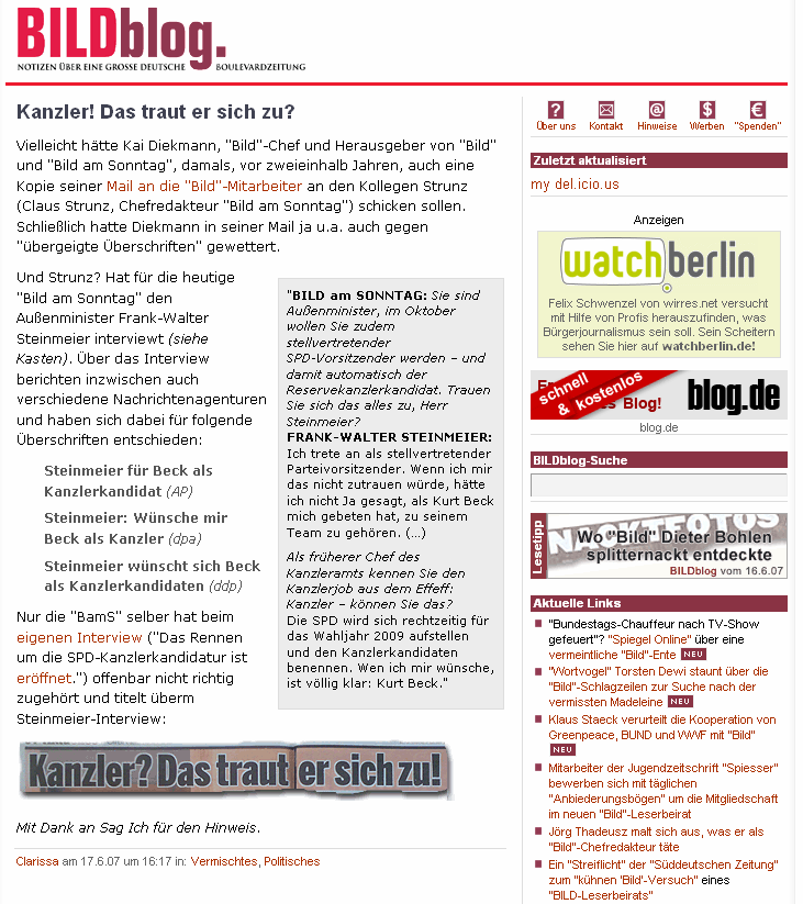 Blogs: Publizieren für jedermann 25 Das BILDblog gehört schon seit langem zu den populärsten deutschsprachigen Blogs.