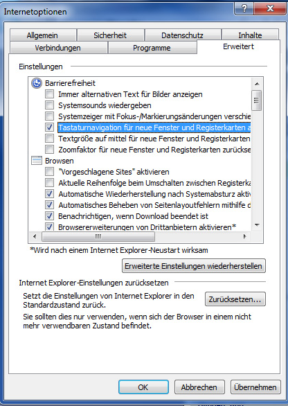 Praktisches Weitere Einstellungen Um im Internet Explorer einen Cursor mit der Tastatur zu navigieren (um zum Beispiel Texte zu markieren) kann man F7 drücken.