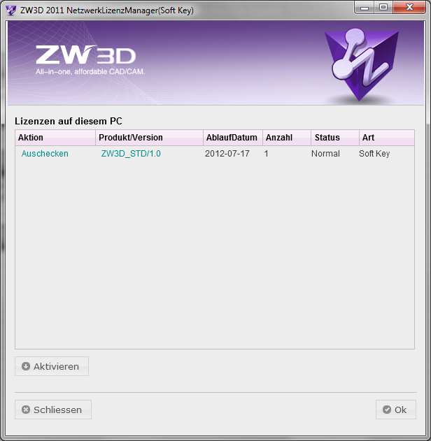 (2) Starten Sie den die ZW3D 2012 Lizenz-Manger, um Ihre Netzwerk-Lizenz zurück zugeben.