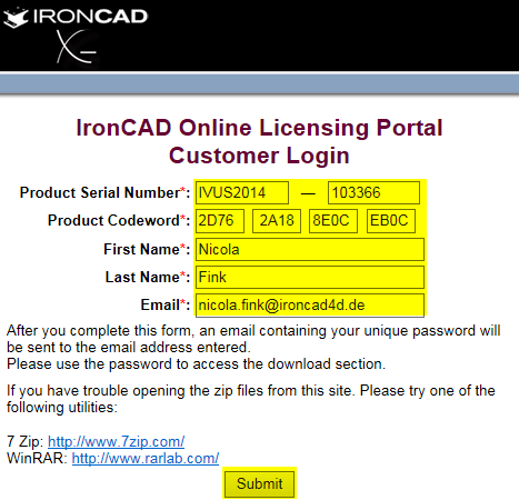 Schritt 2: Lizenzdatei anfordern 1. Starten Sie einen Internetbrowser und gehen Sie auf die Webseite: http://services.ironcad.com/activation/ 2. Geben Sie die Daten des Lizenzblatts ein.